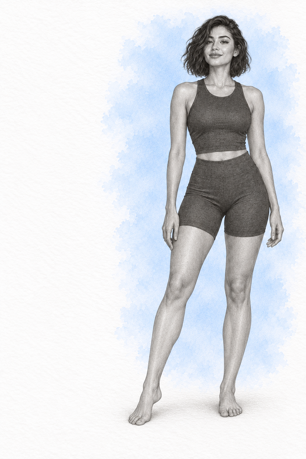 Full-length graphite drawing of the bob-haired woman from the Editorial look book, in a dark athletic top and shorts.