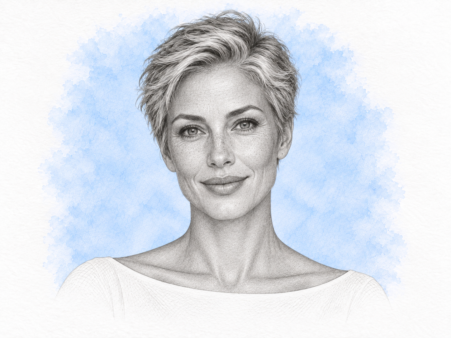 Graphite portrait of a woman with a silver pixie haircut and natural smile lines, against a pale blue watercolor wash.