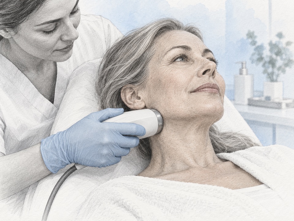 Generated illustration of an external skin-tightening handpiece resting along the lower face.