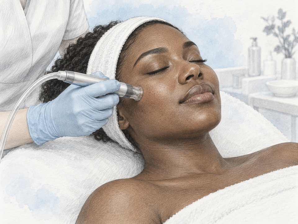 Generated illustration of a clinician using a clear-tipped facial handpiece on the cheek.