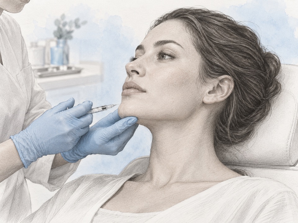 Generated illustration of a clinician preparing for filler treatment around the chin and jawline.