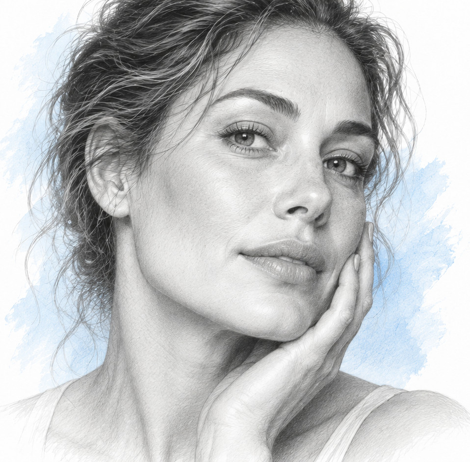 Pencil drawing of a woman with her hair up, resting her chin in her hand, over a pale blue wash.